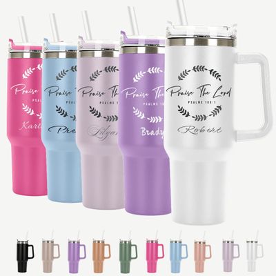Praise the lord Personalized Tumbler 40 oz Laser Engraved, Insulated Cup with Handle, Lid & Straw, Christian Coffee Travel Mugs, Christian Tumbler for women, Faith Bible Verse Gifts, Baptism Gifts