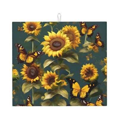 YQxwJL Sunflower Floral Butterflies print Dish Mat 18 x16in,Dish Drying Mat for Kitchen Counter,Super absorbent,for Kitchen Counter