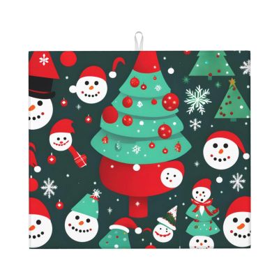 YQxwJL Christmas Tree and Snowman print Dish Mat 18 x16in,Dish Drying Mat for Kitchen Counter,Super absorbent,for Kitchen Counter
