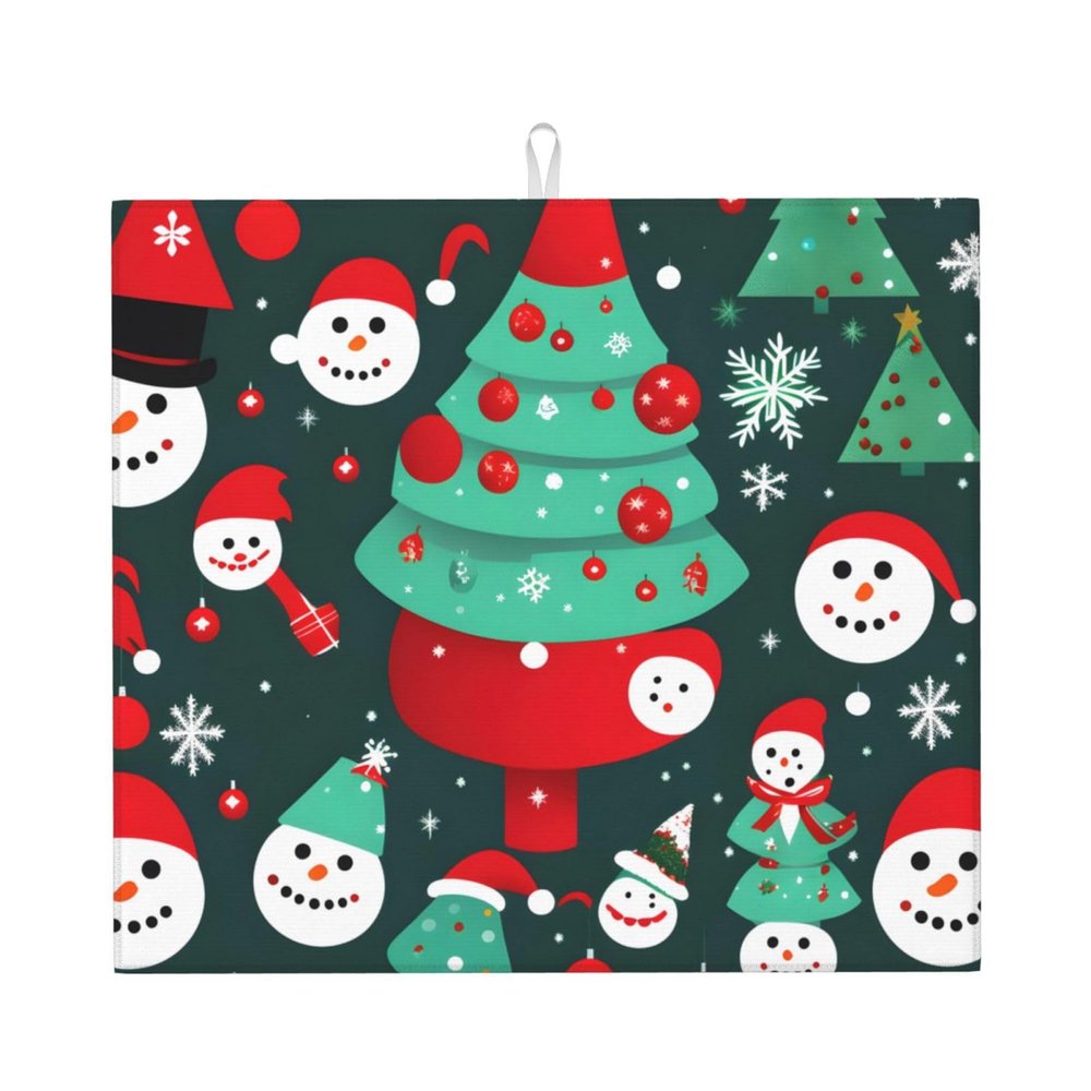 YQxwJL Christmas Tree and Snowman print Dish Mat 18 x16in,Dish Drying Mat for Kitchen Counter,Super absorbent,for Kitchen Counter