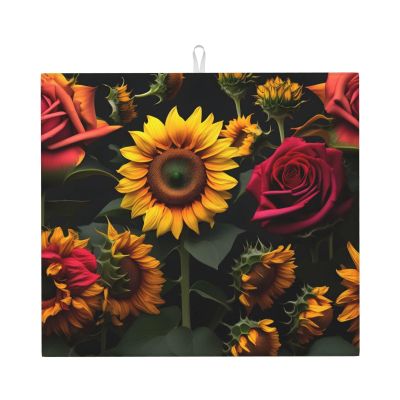 YQxwJL Sunflower Rose print Dish Mat 18 x16in,Dish Drying Mat for Kitchen Counter,Super absorbent,for Kitchen Counter