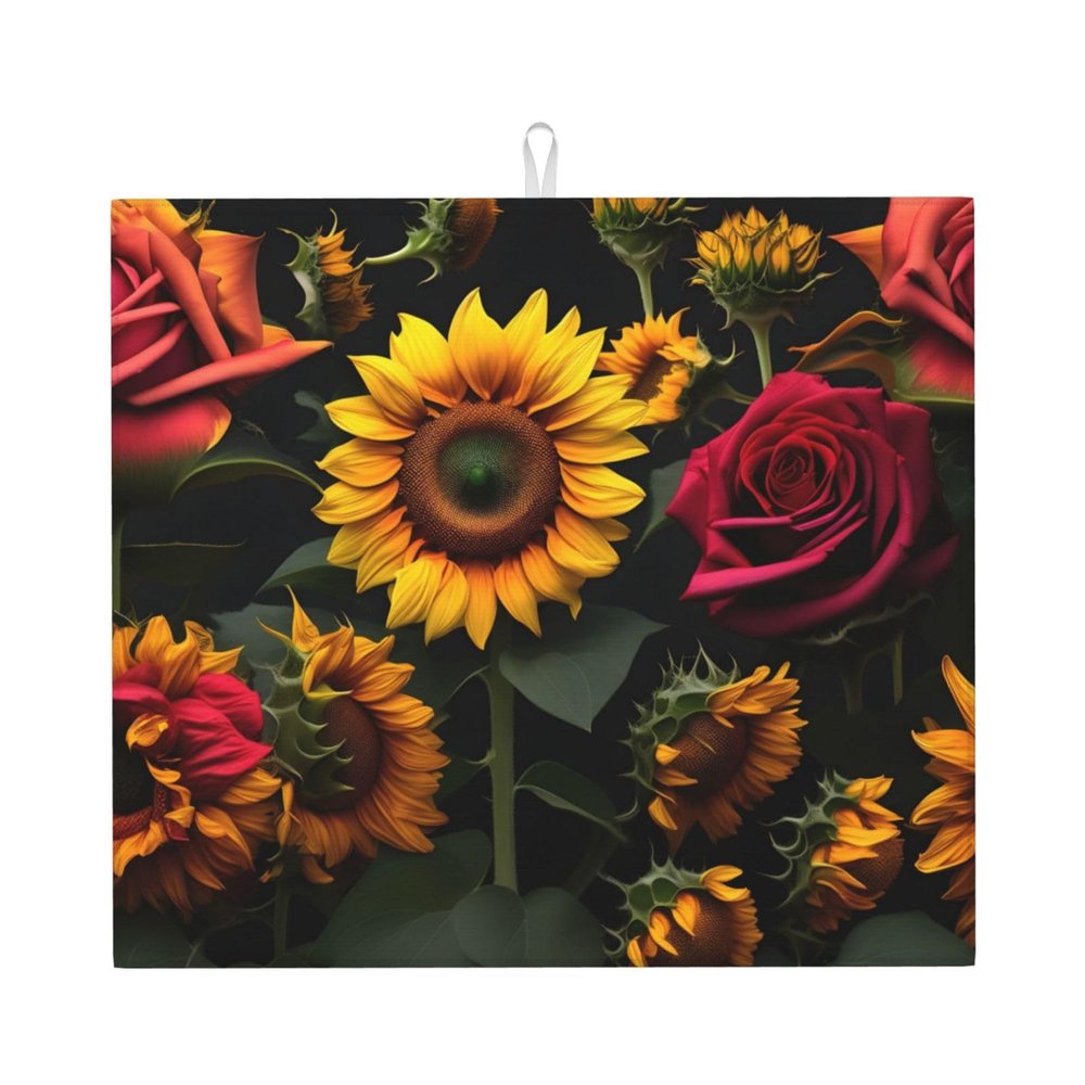 YQxwJL Sunflower Rose print Dish Mat 18 x16in,Dish Drying Mat for Kitchen Counter,Super absorbent,for Kitchen Counter