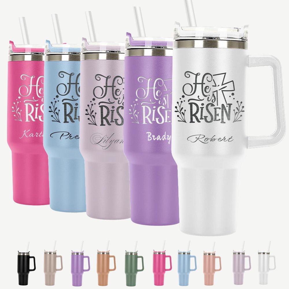 He is Risen Personalized Tumbler 40 oz Laser Engraved, Insulated Cup with Handle, Lid & Straw,Inspirational Christian Coffee Travel Mugs Gifts, Christian Tumbler for women, Faith Bible Verse Gifts