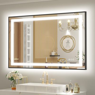 OKPAL 40x30 Framed LED Mirror for Bathroom, Black Lighted Bathroom Mirror with Lights, Front and Backlit LED Bathroom Vanity Mirror, Anti-Fog, Dimmable, Shatterproof, Memory, ETL Listed