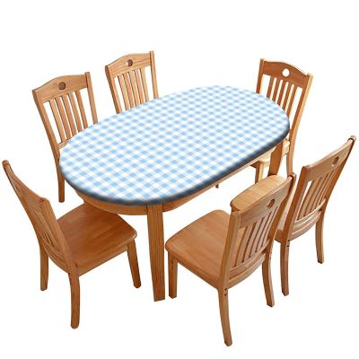 AngelSept Elastic Edge Polyester Fitted Table Cover, Blue Gingham Polyester Table Cover, for Outdoor Picnic Camping and Indoor Kitchen Dining Party, Fits for 48" x 68" Oval Table