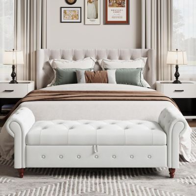 Allnifurv Modern 63'' Storage Ottoman Bench, Upholstered End Bed Bench with Curved Armrest, Button Tufted Entryway Bench with Wood Legs, Bed Bench for Bedroom, Living Room, Hallway (Cream White)