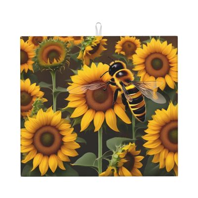 YQxwJL bee & Sunflowers print Dish Mat 18 x16in,Dish Drying Mat for Kitchen Counter,Super absorbent,for Kitchen Counter, Black