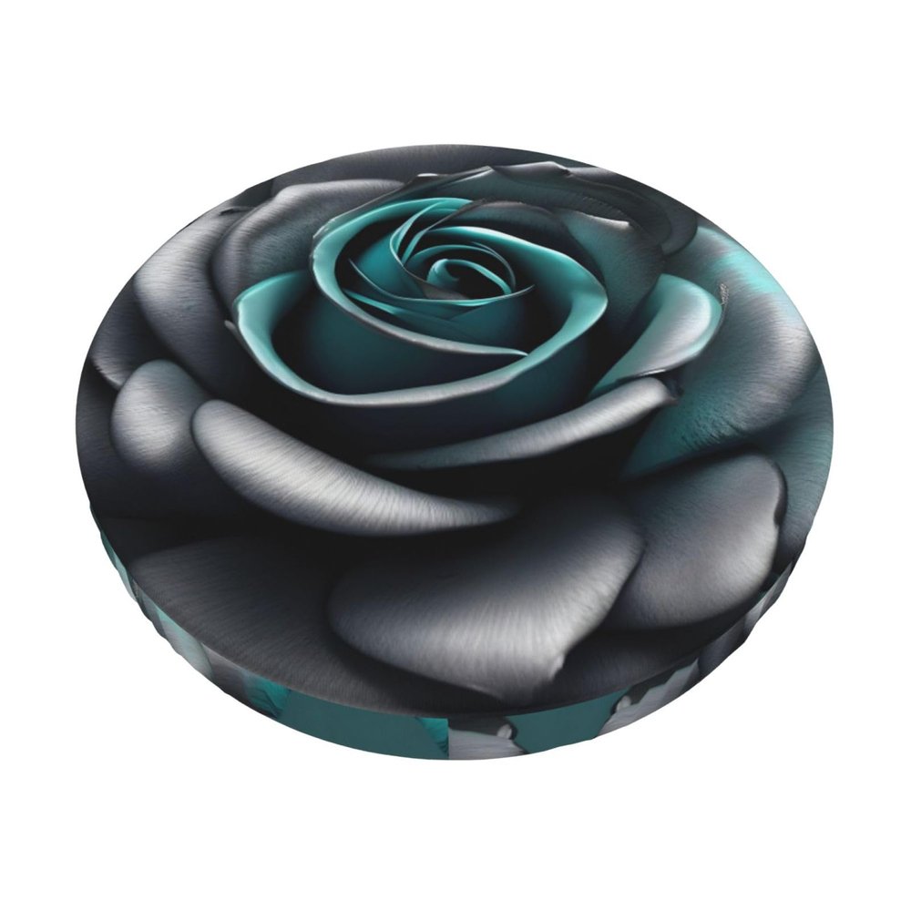 berbo Teal Gray Rose Flower Round Stool Covers - Bar Chair Cushion Seat Covers, Elastic & Stretchable, Washable & Waterproof,Versatile Slipcovers, 14 inch, Black