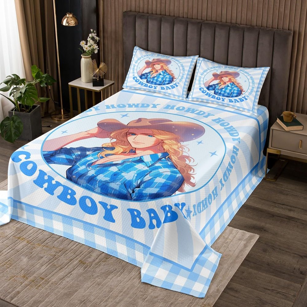 Western Cowboy Kids Bedspread Queen Size,Cowboy Hat Rustic Farmhouse Coverlet Set,Boys Men Room Decor,Geometric Grids Patchwork Stylish Quilted Coverlet,Blue Cartoon Bedding Quilt,2 Pillowcases