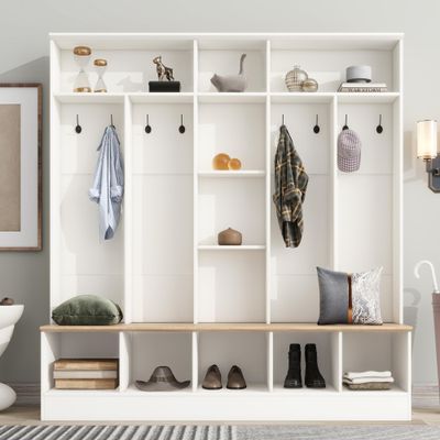 Kootlena 72" H Multifunctional Hall Tree with Storage Bench, 4 in 1 Entryway Bench with Cube Storage Cabinet and Shelves, Hall Tree Organizer with 8 Hanging Coat Hooks for Entrance/Hallway