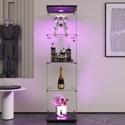 Mcltopz 64.7'' 4-Shelf Glass Display Cabinet with Door & LED Lights, Glass Curio Cabinet Display Case, 4mm Tempered Glass Storage Cabinet, Floor Standing Bookshelf for Living Room Bedroom Office Black
