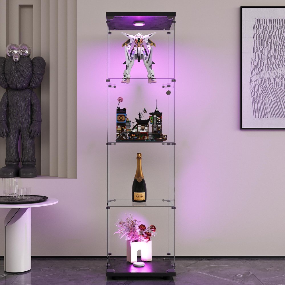 Mcltopz 64.7'' 4-Shelf Glass Display Cabinet with Door & LED Lights, Glass Curio Cabinet Display Case, 4mm Tempered Glass Storage Cabinet, Floor Standing Bookshelf for Living Room Bedroom Office Black
