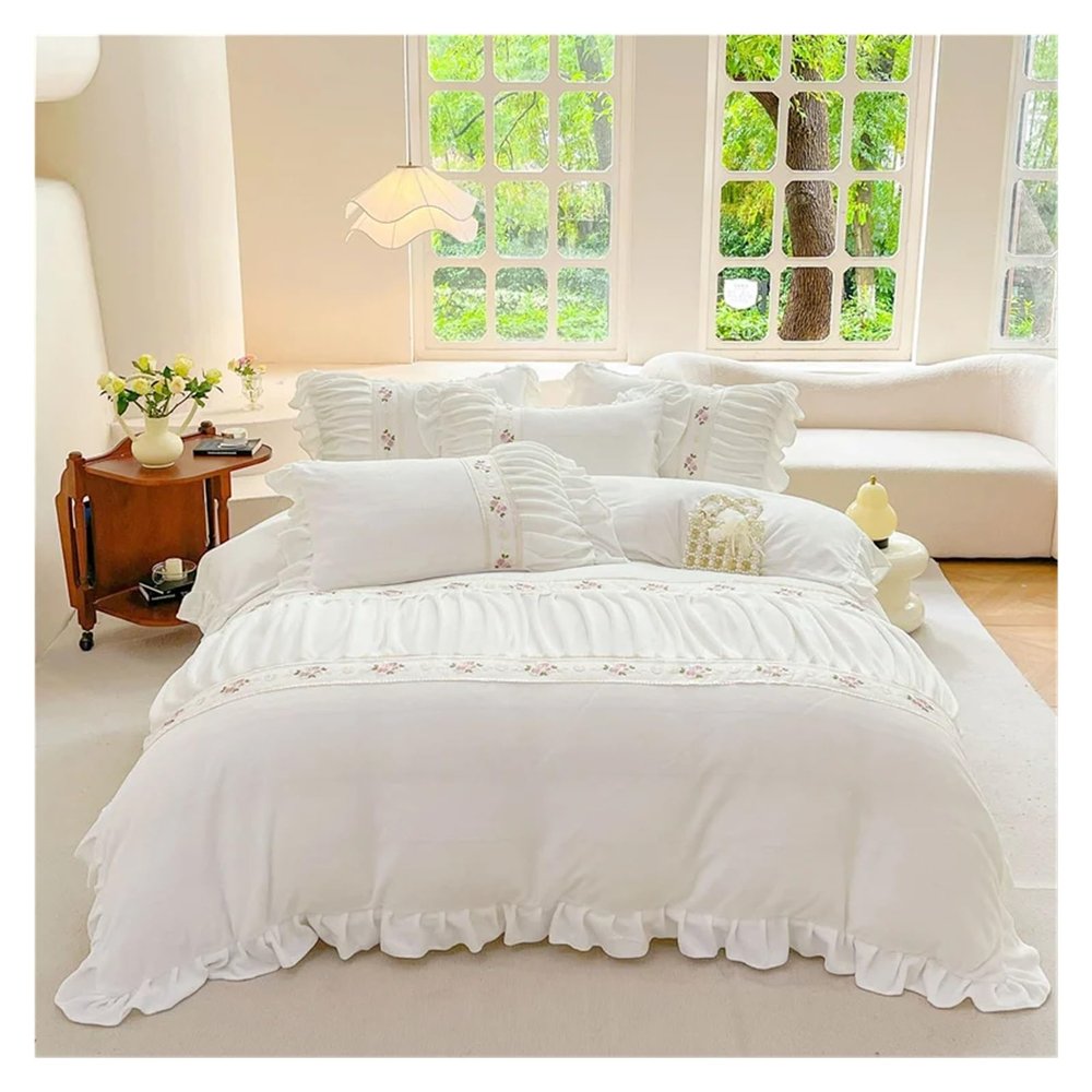 ADovz Winter Warm Comfortable Velvet Fleece Pleat Lace Ruffles Princess Bedding Set Duvet Cover Set Flat/Fitted Bed Sheet Pillowcase,Bed Sheets