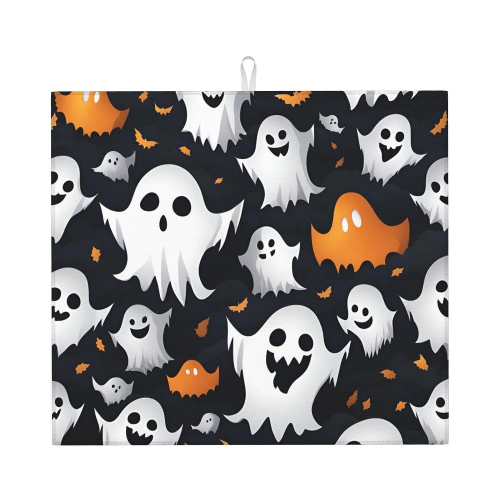 Cute White Ghost Halloween Pattern Kitchen Absorbent Mat-Dish Drying Mat,Utensil Drying Mat-Kitchen Essential For Countertops