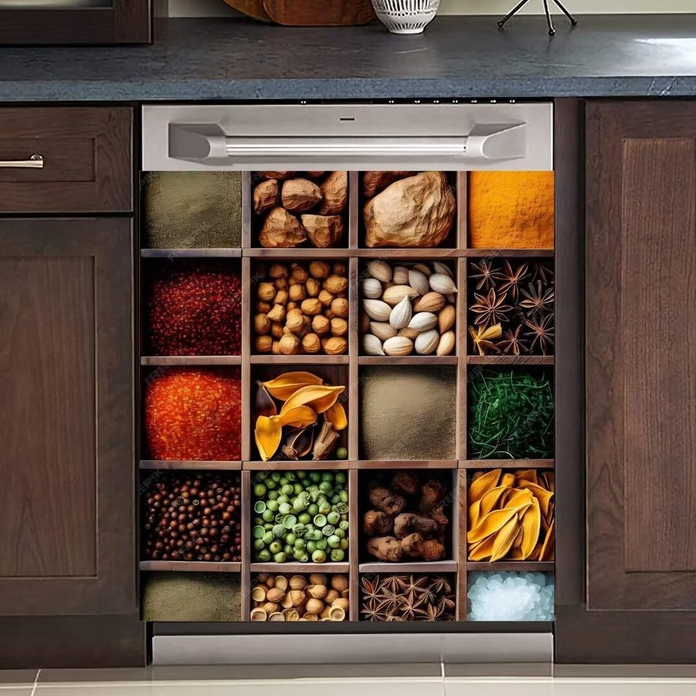 MLGB Spice Wood Lattice Magnetic Dishwasher Door Panel Decal, Vinyl Kitchen Decorative Spices Fridge Magnet Cover Decals, Home Appliances Decor, 23" x 26" Magnetic