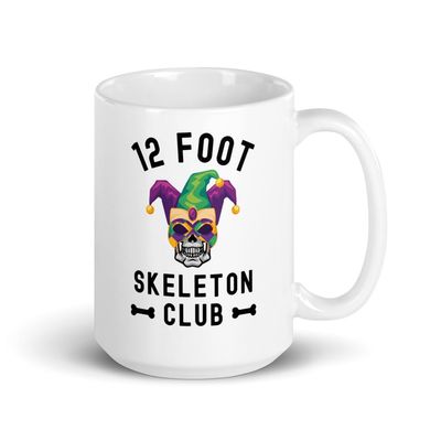 12 foot Skeleton Club Giant Skelly glasses Mardi Gras White glossy coffee mug