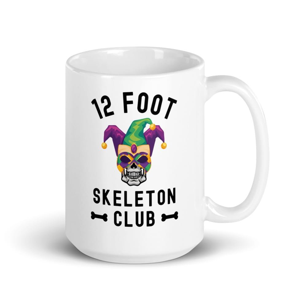 12 foot Skeleton Club Giant Skelly glasses Mardi Gras White glossy coffee mug
