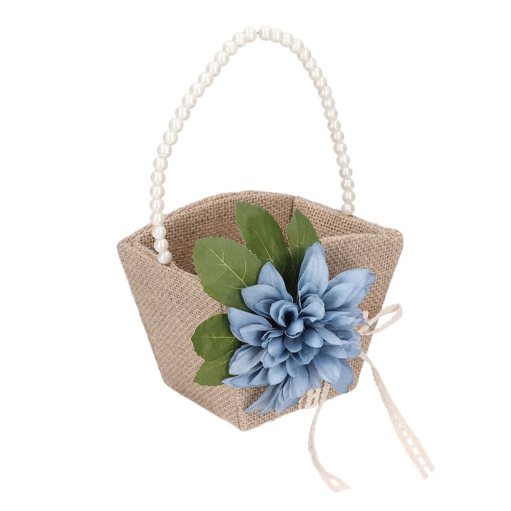 TITA-DONG Flower Girl Basket, Retro Linen Lovely Appearance Gift Basket Rattan Basket with Pearl Handle, Light Weight Romantic Cherish Pearl Portable Flower Basket for Weddings(Type 1)