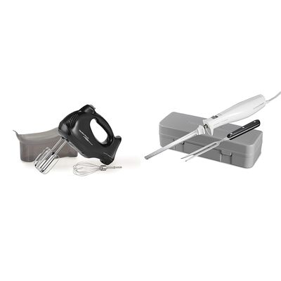 Hamilton Beach 6-Speed Electric Hand Mixer with Snap-On Case, Beaters, Whisk, Black (62692) & Electric Knife Set with Reciprocating Serrated Blades, Storage Case, Fork