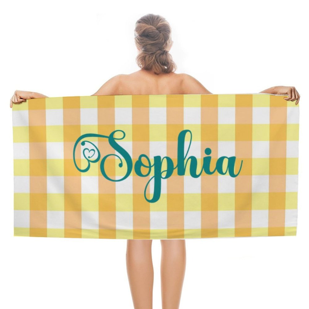 Yellow Plaid Beach Towel, Custom Beach Towel with Name, Quick Dry Towel for Swimmers, Absorbent Towel for Women Men Girls Kid, Vacation Gift, Summer Birthday Gift, 30x60