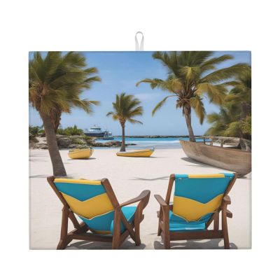 Beach Palm Tree Chairs Boats Kitchen Counter Absorbent Matdish Drying Mat, Sink Matwater Absorption At Its Finest