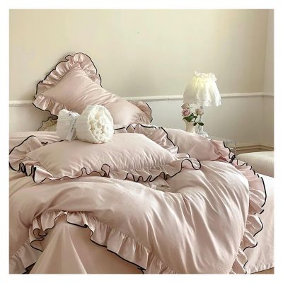 ADovz Luxury 1000TC Egyptian Cotton French Princess Wedding Bedding Set Ruffles Black Edge Jacquard Duvet Cover Bed Sheet Pillowcases,Bed Sheets, Pink, FH-762