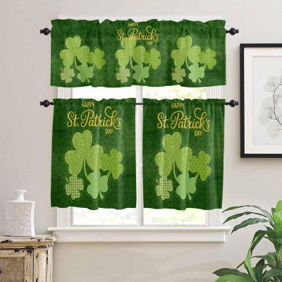 3 Pcs St. Patrick's Day Valance and Tier Curtain Sets, March Lucky Green Shamrock Windows Valances, Rod Pocket Semi Sheer Valance and Curtains for Kitchen/Living Room/Bathroom/Bedroom