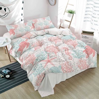 Alandar Home Duvet Cover Sets Red Coral Teal Sea Turtle Seamless,3 Piece Bed Set Ultra Soft Quilt Covers and Pillowcases,Ocean Life Summer Shell Microfiber Bedding Set for Bedroom Guest Room Dorm
