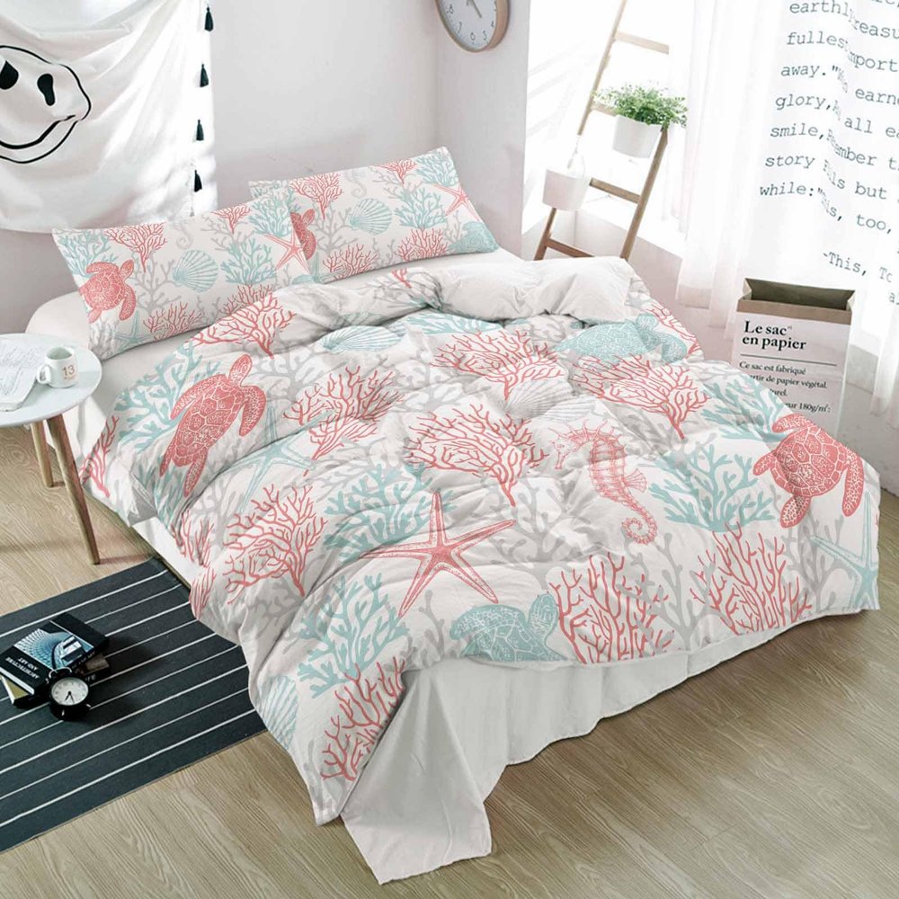 Alandar Home Duvet Cover Sets Red Coral Teal Sea Turtle Seamless,3 Piece Bed Set Ultra Soft Quilt Covers and Pillowcases,Ocean Life Summer Shell Microfiber Bedding Set for Bedroom Guest Room Dorm