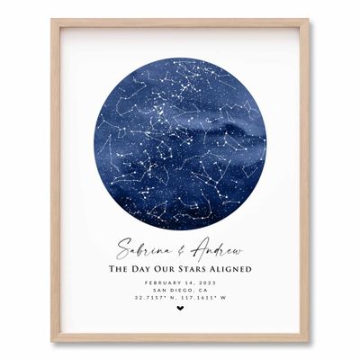 BlissfulMelodyDesign Custom Blue Watercolor Star Map Print, Personalized Night Sky Map, Anniversary Wedding Valentines Day Birthday Newborn Gift for Her and Him