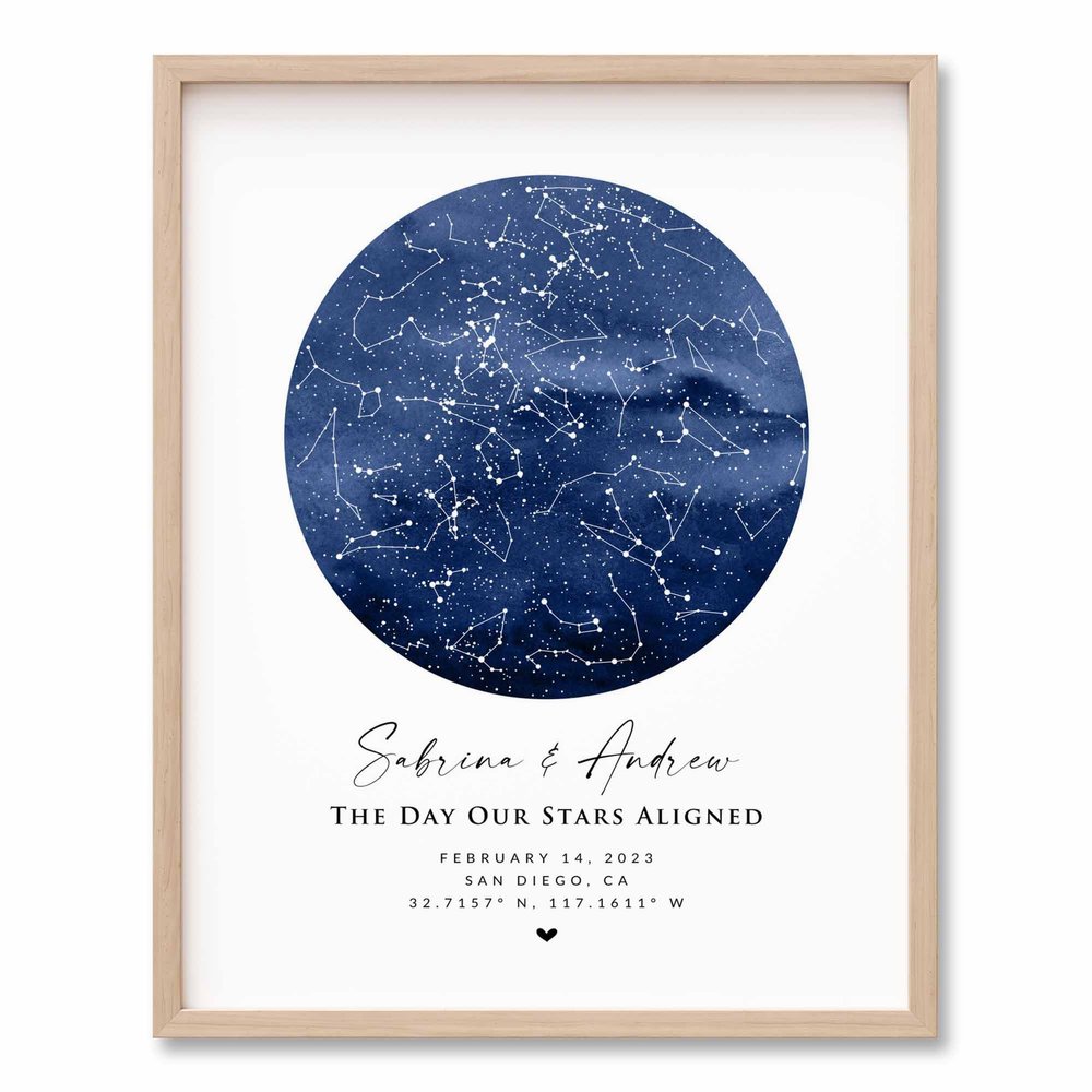 BlissfulMelodyDesign Custom Blue Watercolor Star Map Print, Personalized Night Sky Map, Anniversary Wedding Valentines Day Birthday Newborn Gift for Her and Him
