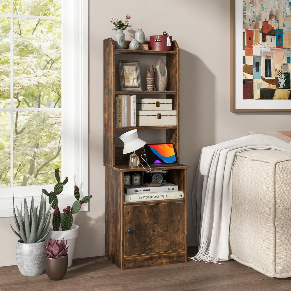 GOFLAME 56" Tall Nightstand with Charging Station, Bedside Table with Adjustable Open Shelves, Storage Cabinet, End Table with Bookcase for Bedroom, Study, Rustic Brown