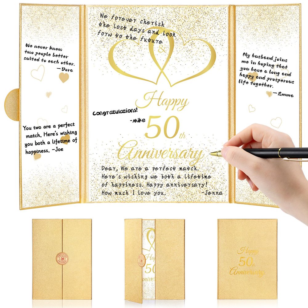 Engrowtic 50th Anniversary Decorations Gold Wedding Anniversary Guest Book with Pen 50 Years Marriage Signature Board Happy 50th Party Registry Card for Men Women Couple