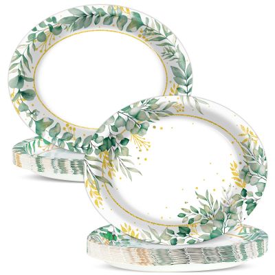 Qyeahkj 50 PCS Sage Green Oval Paper Plates Large 11 Disposable Eucalyptus Party Decorations Sage Green Supplies Favor for Holiday Bridal Shower Party Tableware Set