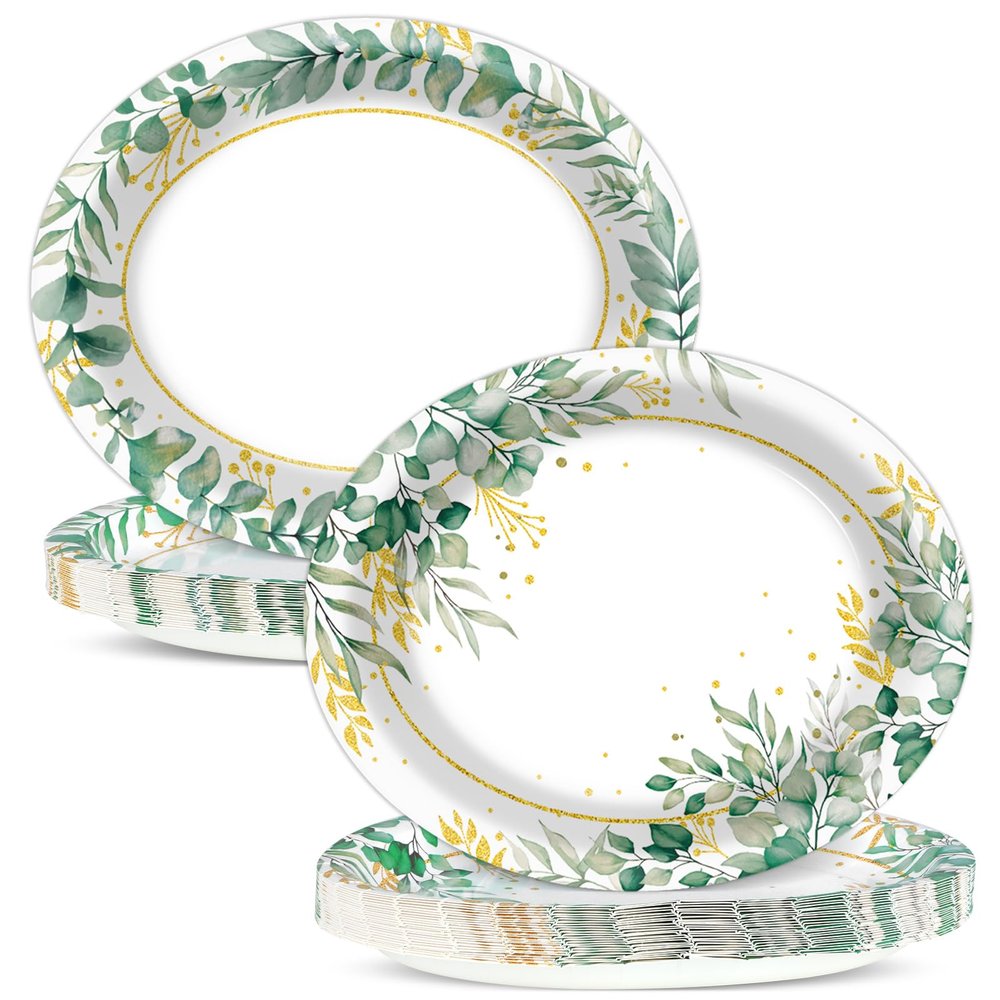Qyeahkj 50 PCS Sage Green Oval Paper Plates Large 11 Disposable Eucalyptus Party Decorations Sage Green Supplies Favor for Holiday Bridal Shower Party Tableware Set
