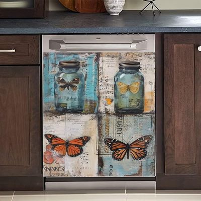 Butterfly Dishwasher Cover Magnet Decorative,Vintage Bottle Dishwasher Magnets Sheet,Fridge Magnetic Panel Decal Cover for Kitchen,Home Appliance Sticker 23" x 26"