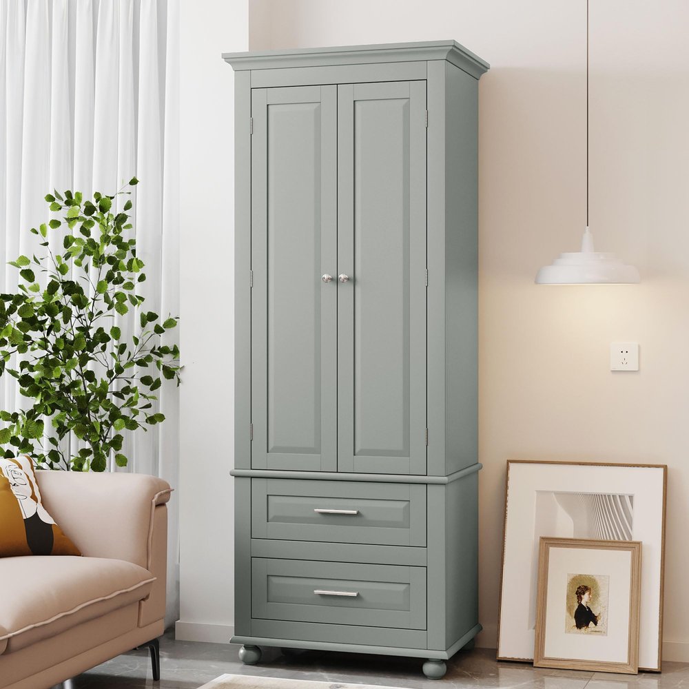 Merax Tall Storage Cabinet with Doors and 2 Drawers, Kitchen Pantry Cupboard, Open Bookcase, Freestanding Organizer Display for Bathroom or Office, Grey