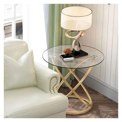 MOOWI Coffee End Table Round Side Table, Glass End Table with Metal Frame, Small Coffee Table with Modern Style for Small Spaces,Living Room, Balcony, Bedroom Side Table (Color : Gold)