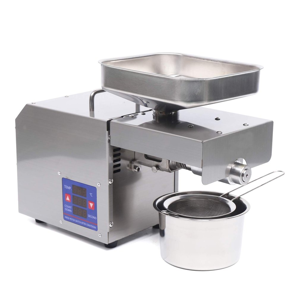 BANLICALI Oil Press Machine, 660W Stainless Steel Cold Press Oil Extractor Machine with Oil Cup, 3-6 kg/h Oil Press Speed Countertop Cold & Hot Press Machine for Peanut Soybean Rapeseed Silver 110V