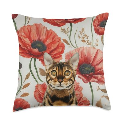 Bengal Cat Red Vintage Poppy Flower Autumn Watercolor Throw Pillow