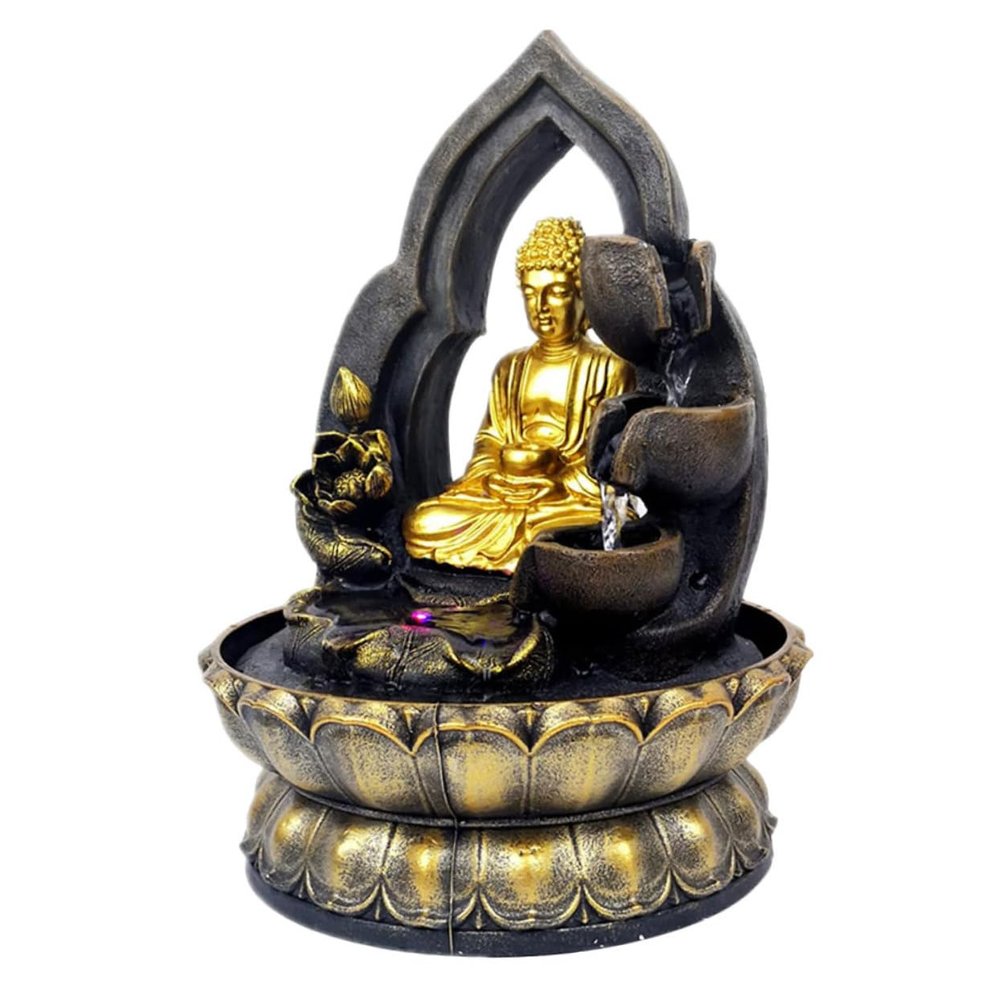 VINTORKY 110v Buddha Tabletop Water Fountain Resin Decor with Soothing Water Flow Led Lights and Unique Zen Design for Relaxation and Garden Aesthetics