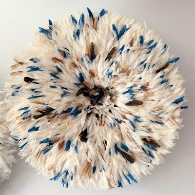 Jujuhat Brown Blue White [4 Sizes] African Feather Wall Decor, Authentic Handcrafted Bamileke Cameroon (14inch-35cm)
