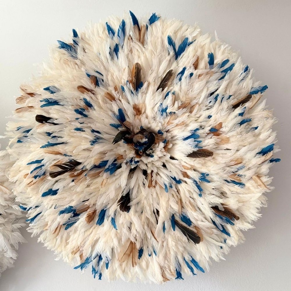 Jujuhat Brown Blue White [4 Sizes] African Feather Wall Decor, Authentic Handcrafted Bamileke Cameroon (14inch-35cm)