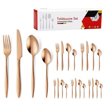 SEELLODGE Silverware Flatware Cutlery Set, 24-piece Stainless Steel Cutlery Set With Pointed Handles, Steak Knife, Fork, Dessert Spoon Set For 6 Persons (Color : Rose gold)
