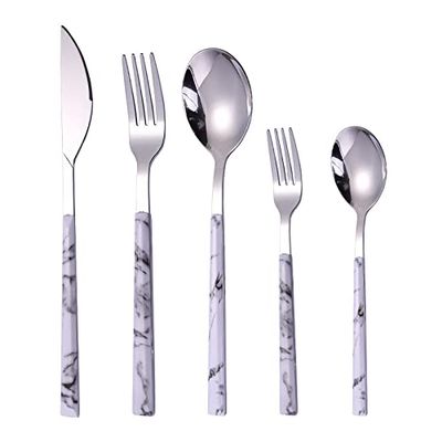 WHIERGGIN Silverware Set, 5/20/30/40 Pieces Creative Stainless Steel Knives And Forks, Retro Tableware, Steak Knives And Forks, Dessert Spoons And Forks Set (Color : White, Size : 8Set-40Pcs)