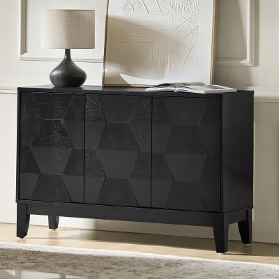 HULALA HOME Modern Kitchen Buffet Cabinet Storage Sideboard with 3D Geometric Design, Freestanding Floor Cabinet with 3 Doors & 2 Adjustable Interior Shelves for Living Room Dining Room Hallway, Black