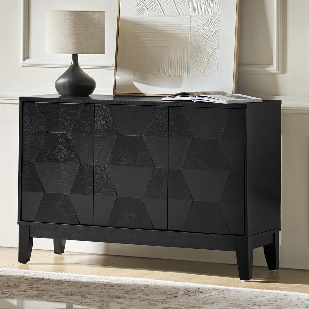 HULALA HOME Modern Kitchen Buffet Cabinet Storage Sideboard with 3D Geometric Design, Freestanding Floor Cabinet with 3 Doors & 2 Adjustable Interior Shelves for Living Room Dining Room Hallway, Black