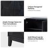 HULALA HOME Modern Kitchen Buffet Cabinet Storage Sideboard with 3D Geometric Design, Freestanding Floor Cabinet with 3 Doors & 2 Adjustable Interior Shelves for Living Room Dining Room Hallway, Black view 3