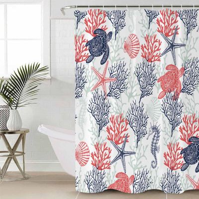 ZOE STORE Shower Curtains for Bathroom Accessories, Blue Red Coastal Polyester Fabric Bathtub Curtain with 12 Hooks, Sea Turtle Nautical Coral Summer Beach Waterproof Shower Curtains 36 x 72 Inches