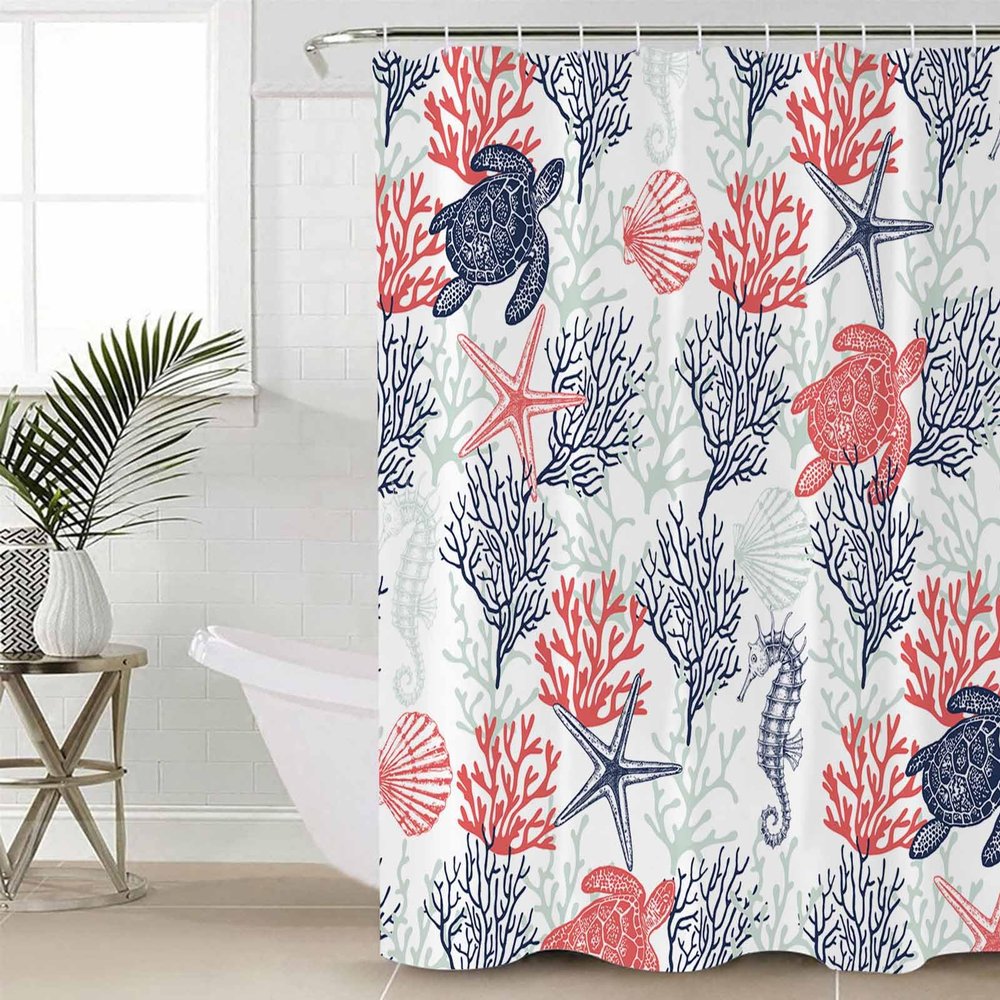 ZOE STORE Shower Curtains for Bathroom Accessories, Blue Red Coastal Polyester Fabric Bathtub Curtain with 12 Hooks, Sea Turtle Nautical Coral Summer Beach Waterproof Shower Curtains 36 x 72 Inches